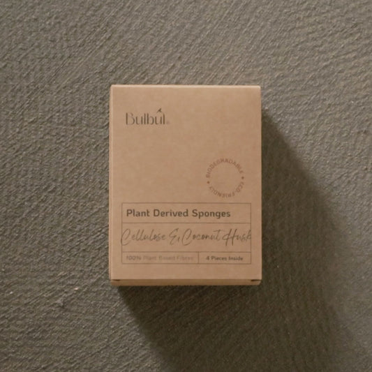 Bulbul Plant Derived Sponges box made from cellulose and coconut husk, featuring eco-friendly packaging with 4 biodegradable sponges inside.