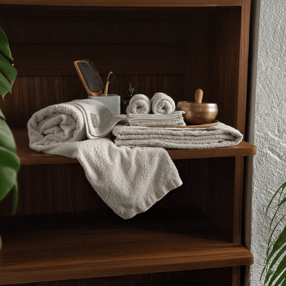 Bulbul Self-sanitizing Premium Copper Face Towel displayed on a wooden shelf with spa accessories. Antibacterial and odour-resistant washcloth for home use.