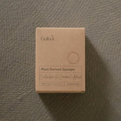Bulbul Plant Derived Sponges box made from cellulose and coconut husk, featuring eco-friendly packaging with 4 biodegradable sponges inside.